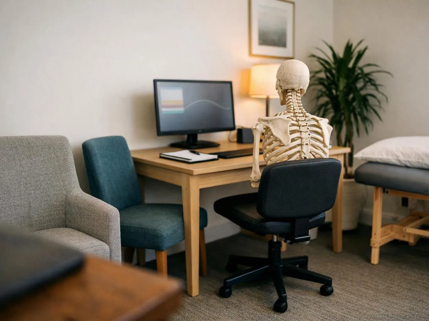 A skeleton model sits in an office chair at a desk with a computer, lamp, and examination table in a clinic room