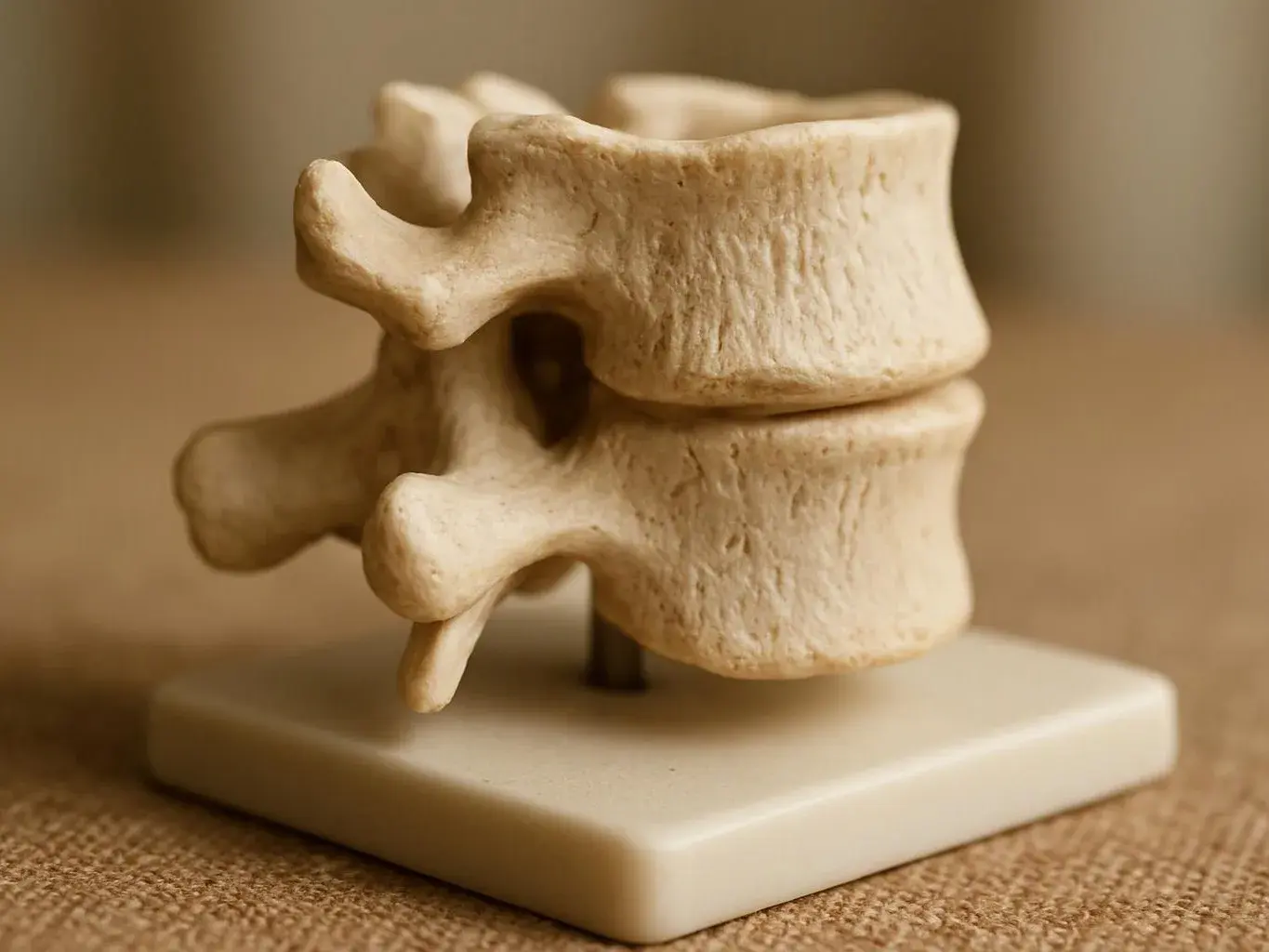 A small beige spine vertebra model sits on a square base against a blurred brown background