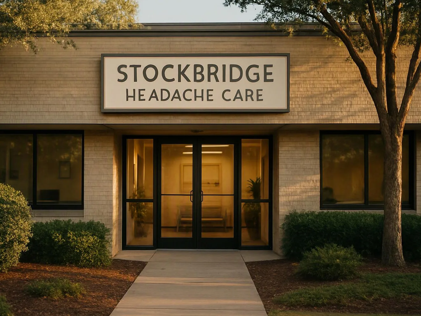 A small clinic building with a sign reading “STOCKBRIDGE HEADACHE CARE” above the glass entrance