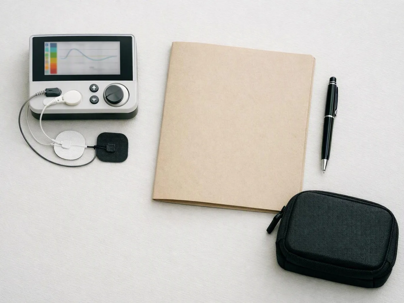 A small electronic device, notebook, pen, and case rest on a white surface with attached cords