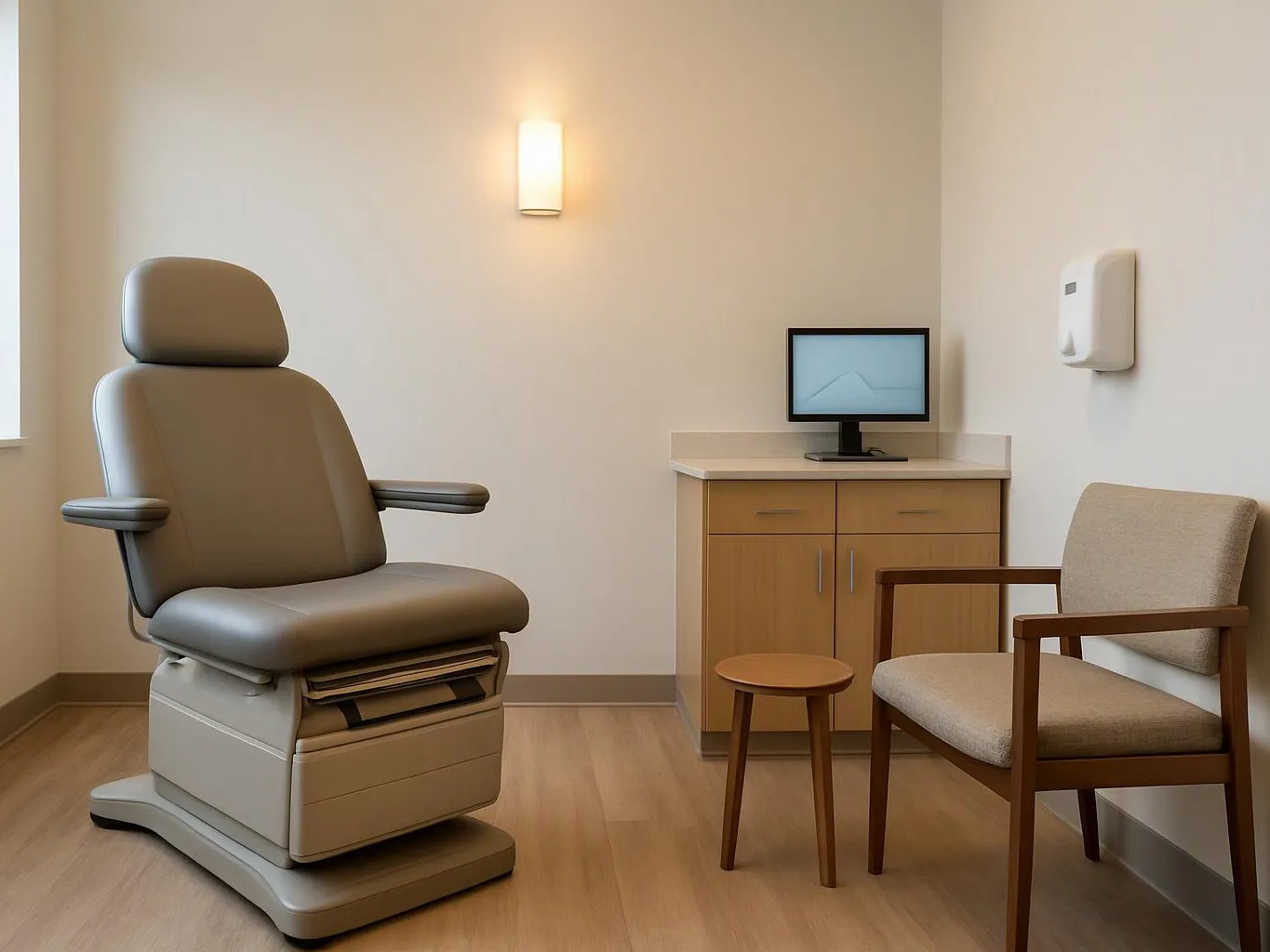 A small exam room shows a cushioned medical chair, a desk with a monitor, and a waiting chair beside a wall light