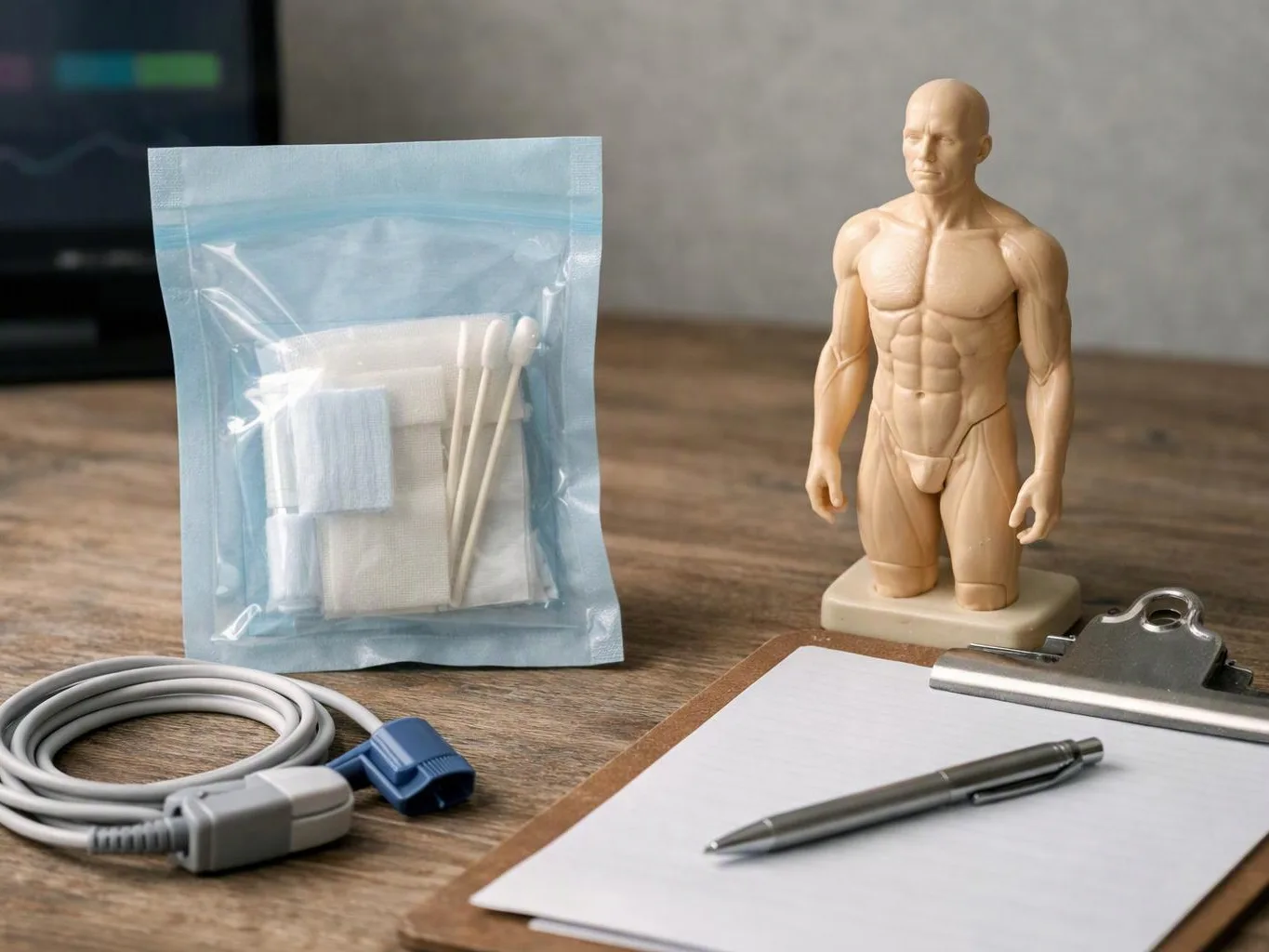 A small mannequin stands beside a sealed medical kit, coiled cable, clipboard, and pen on a wooden desk