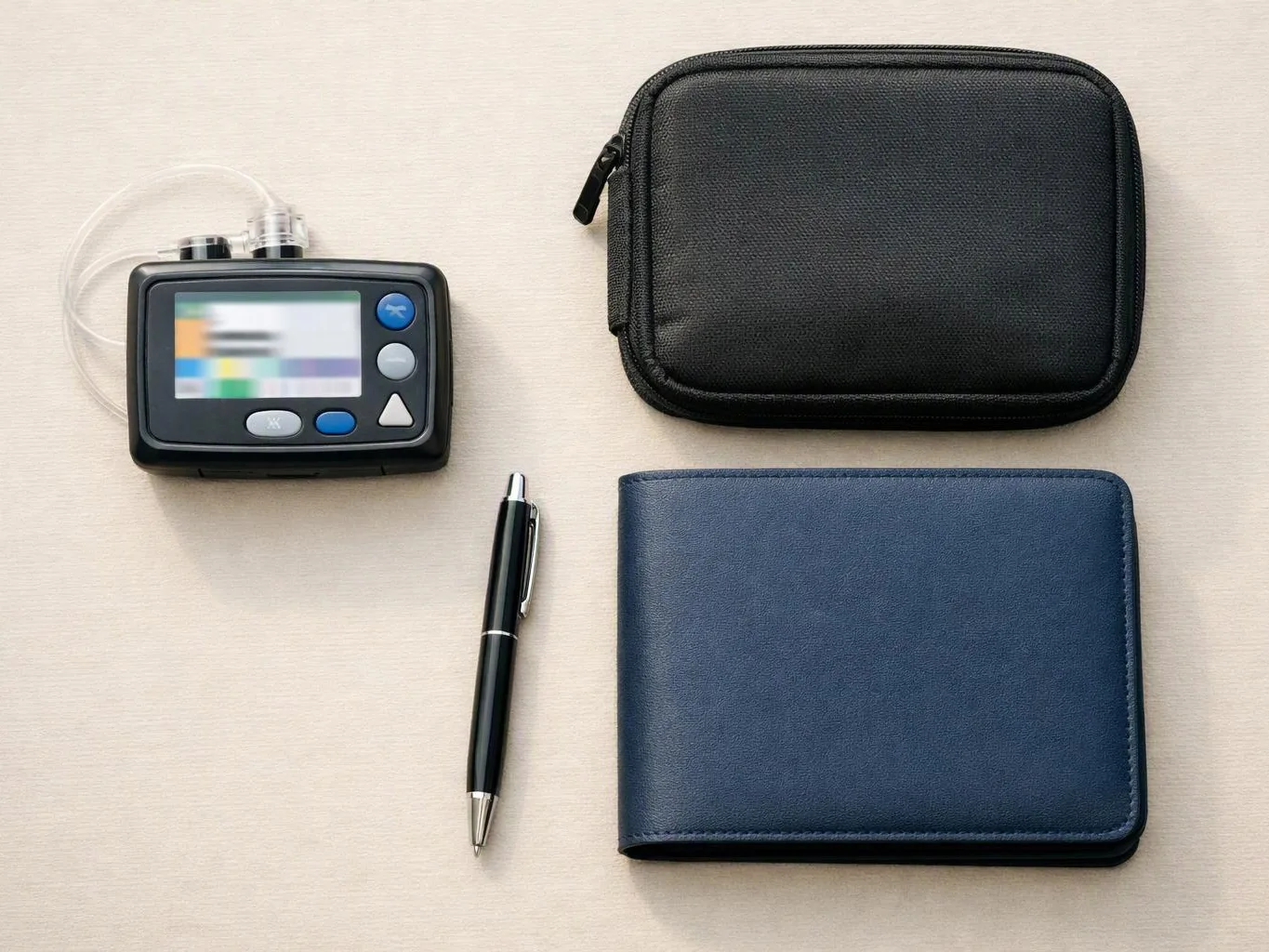 A small medical device, a black zip case, a pen, and a blue wallet lie on a light surface