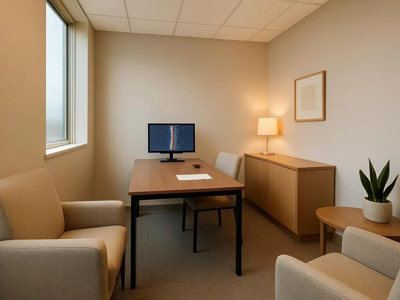 A small office shows a desk with a monitor, chairs, lamp, cabinet, and potted plant
