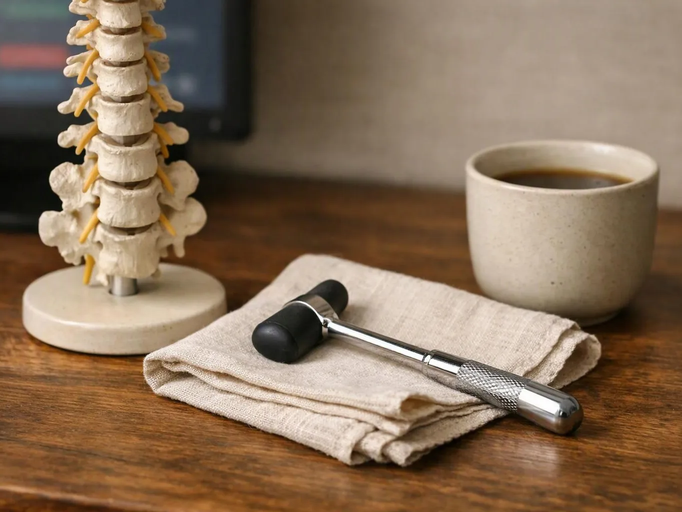 A small spine model, a metal reflex hammer, folded cloth, and a cup sit on a wooden desk