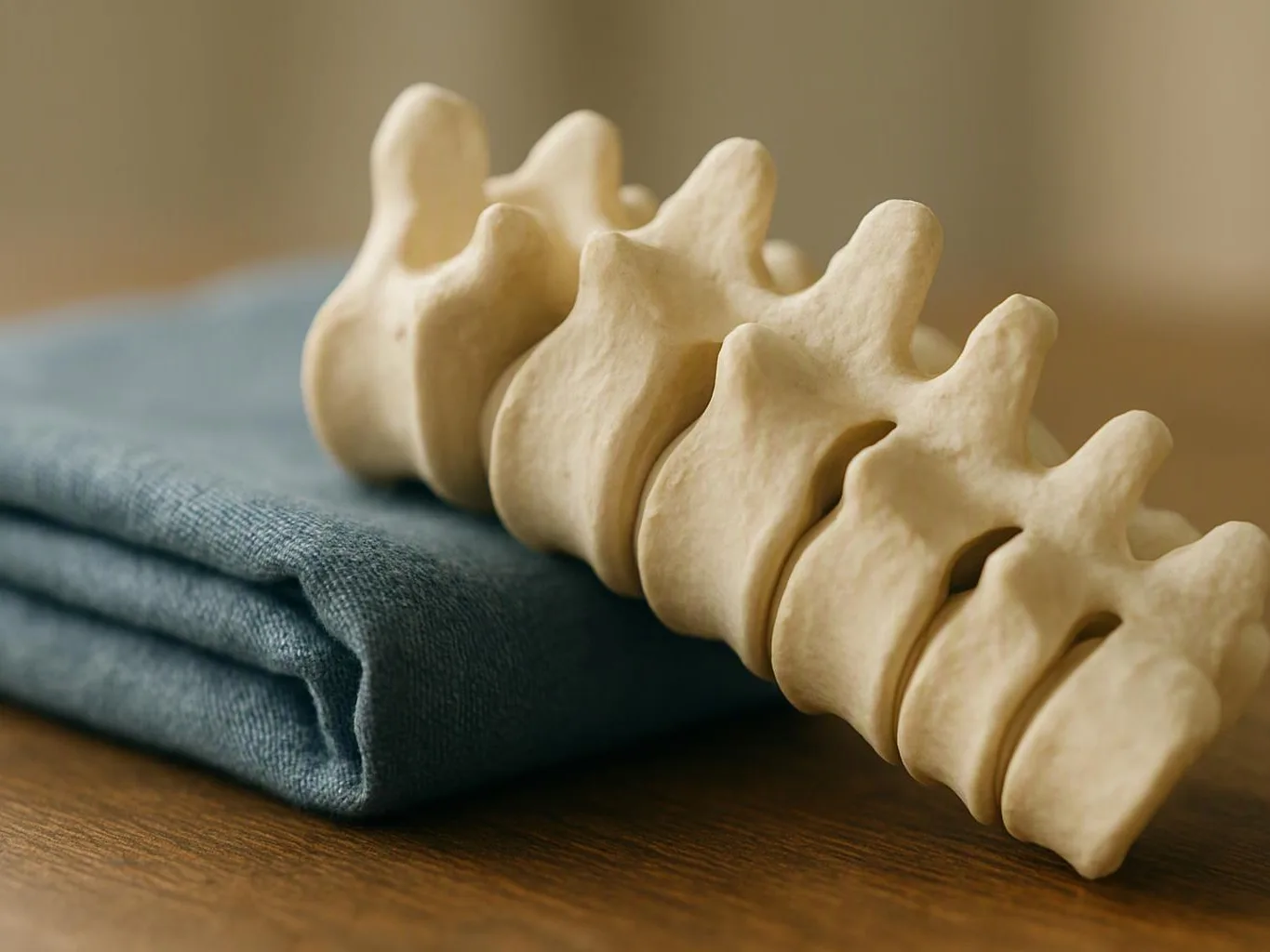 A small spine model rests on folded blue fabric on a wooden table