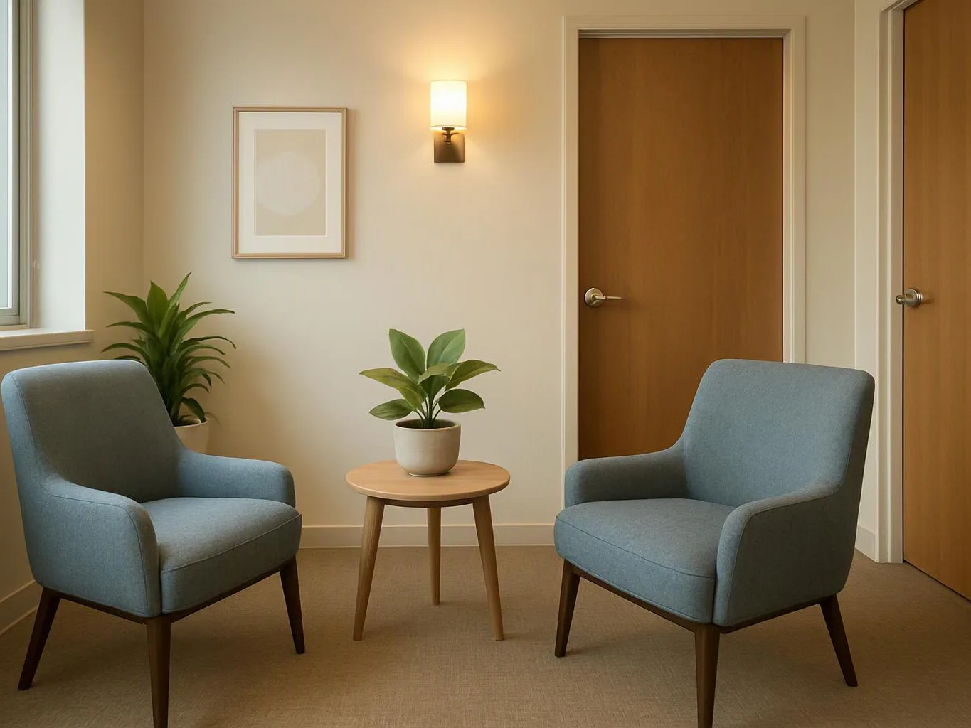 A small waiting room has two blue chairs, a round table with a plant, and closed wooden doors