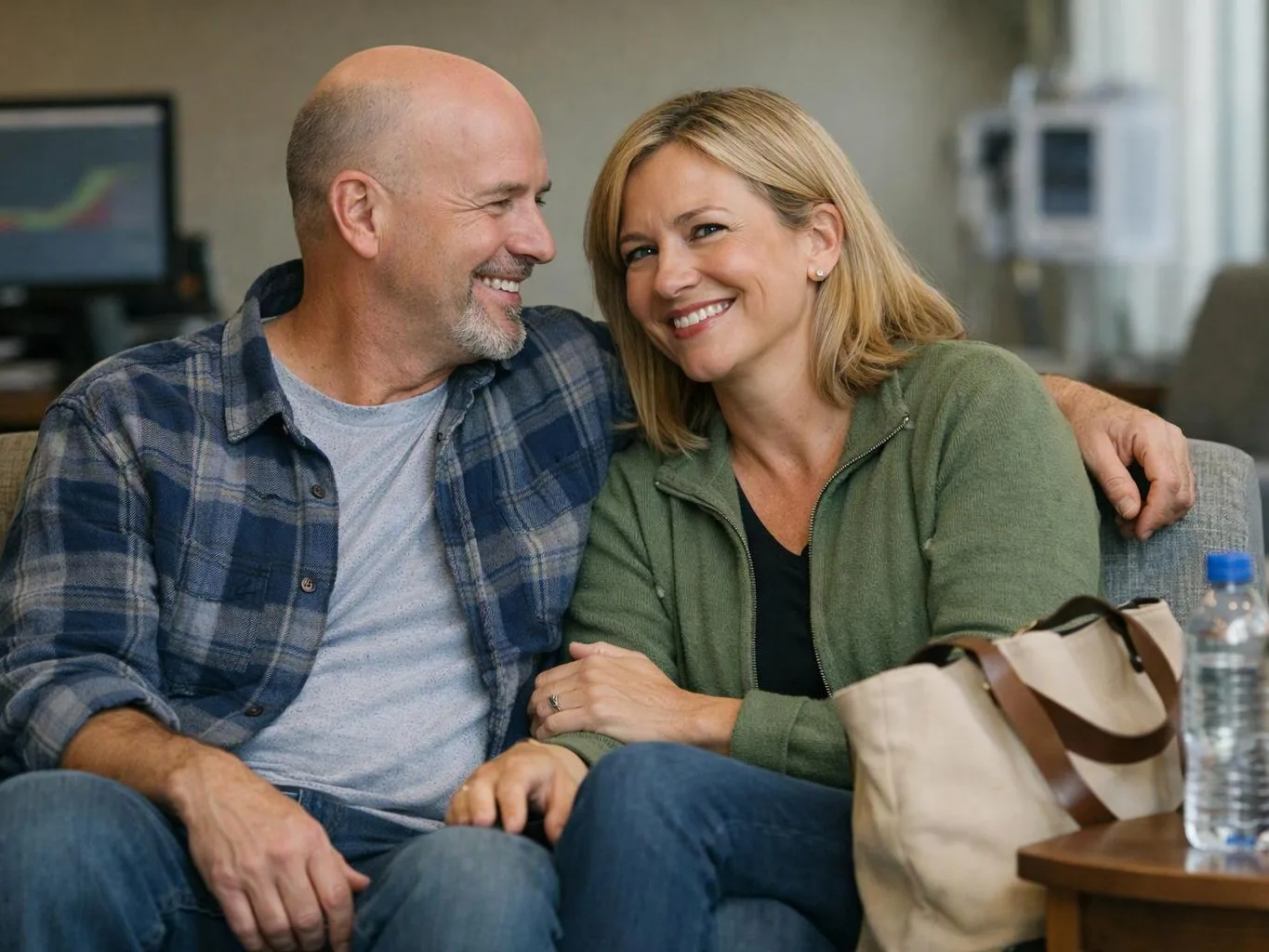 A smiling couple sits on a couch, leaning together in a cozy living room
