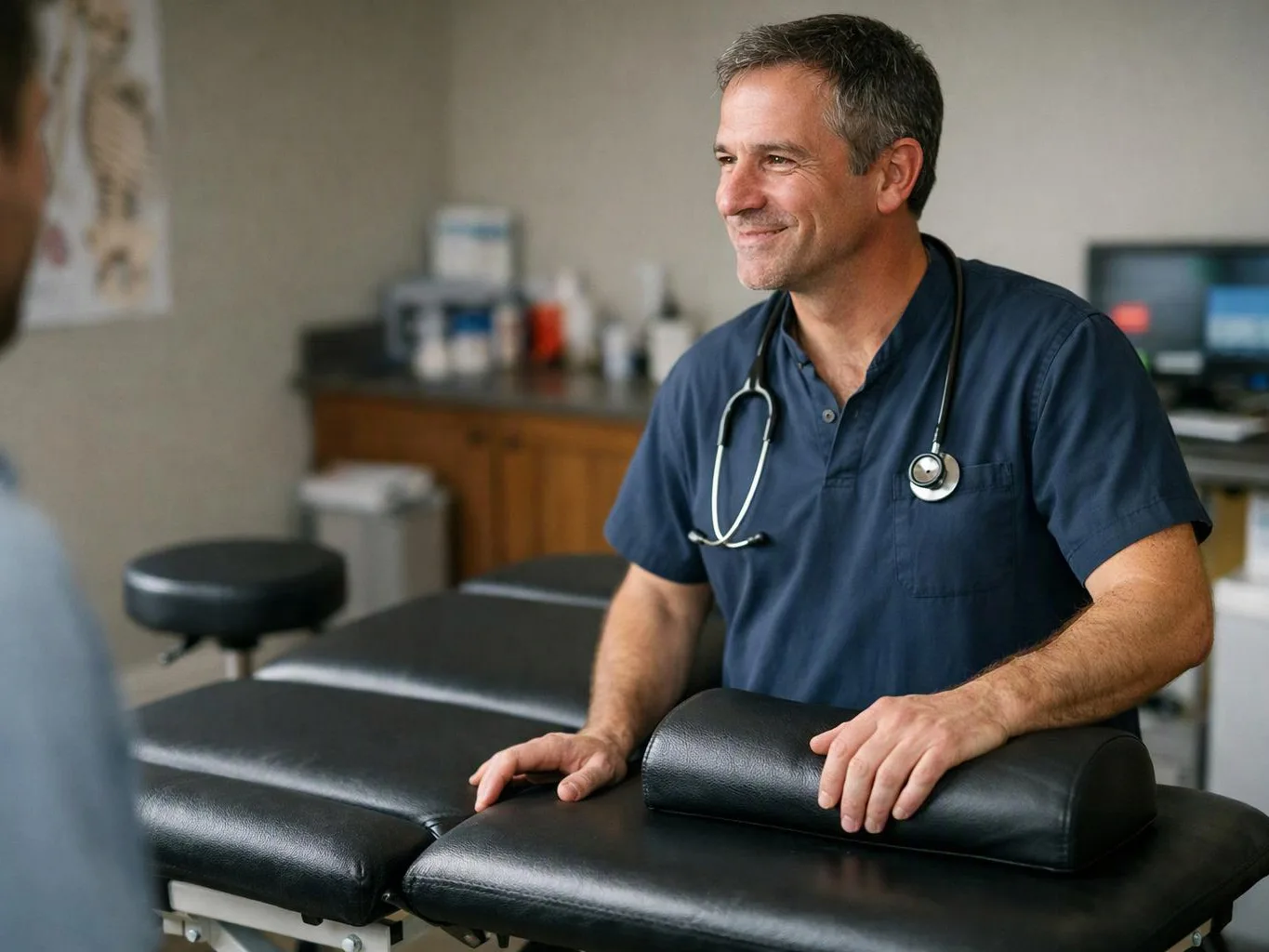 A smiling doctor in navy scrubs stands beside an exam table in a clinic room