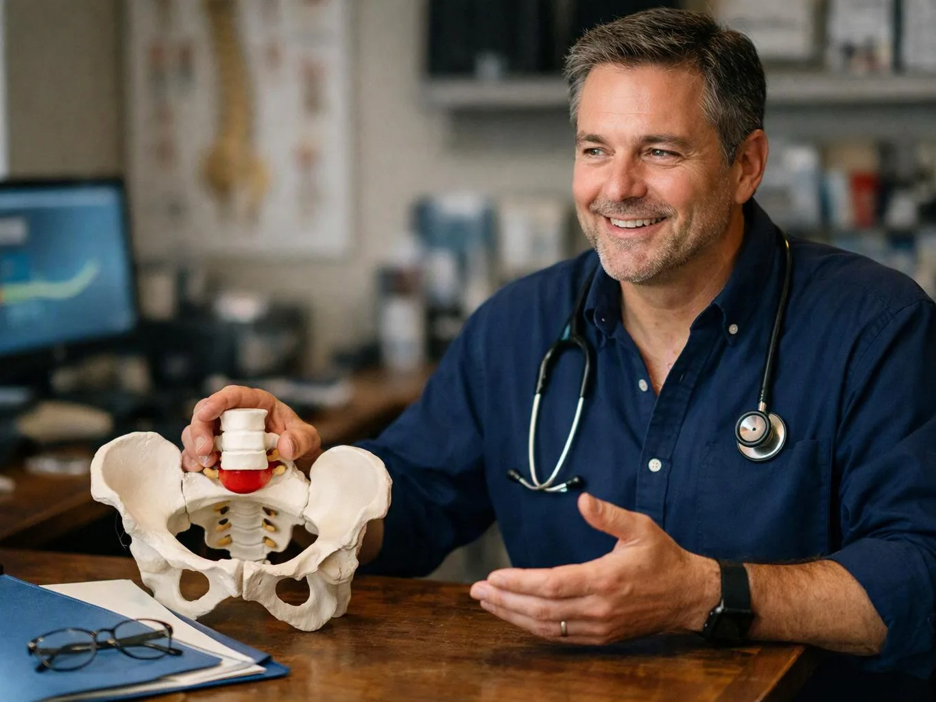 A smiling doctor in a navy shirt holds a pelvis model at a desk in a clinic office