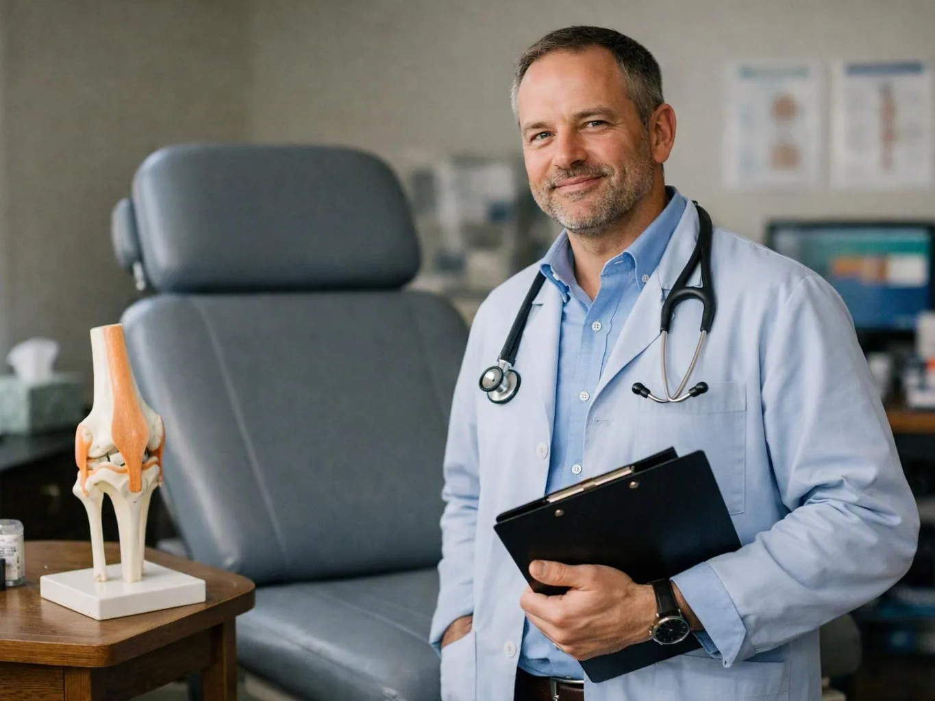 A smiling doctor stands beside an exam chair, holding a clipboard in a clinic room