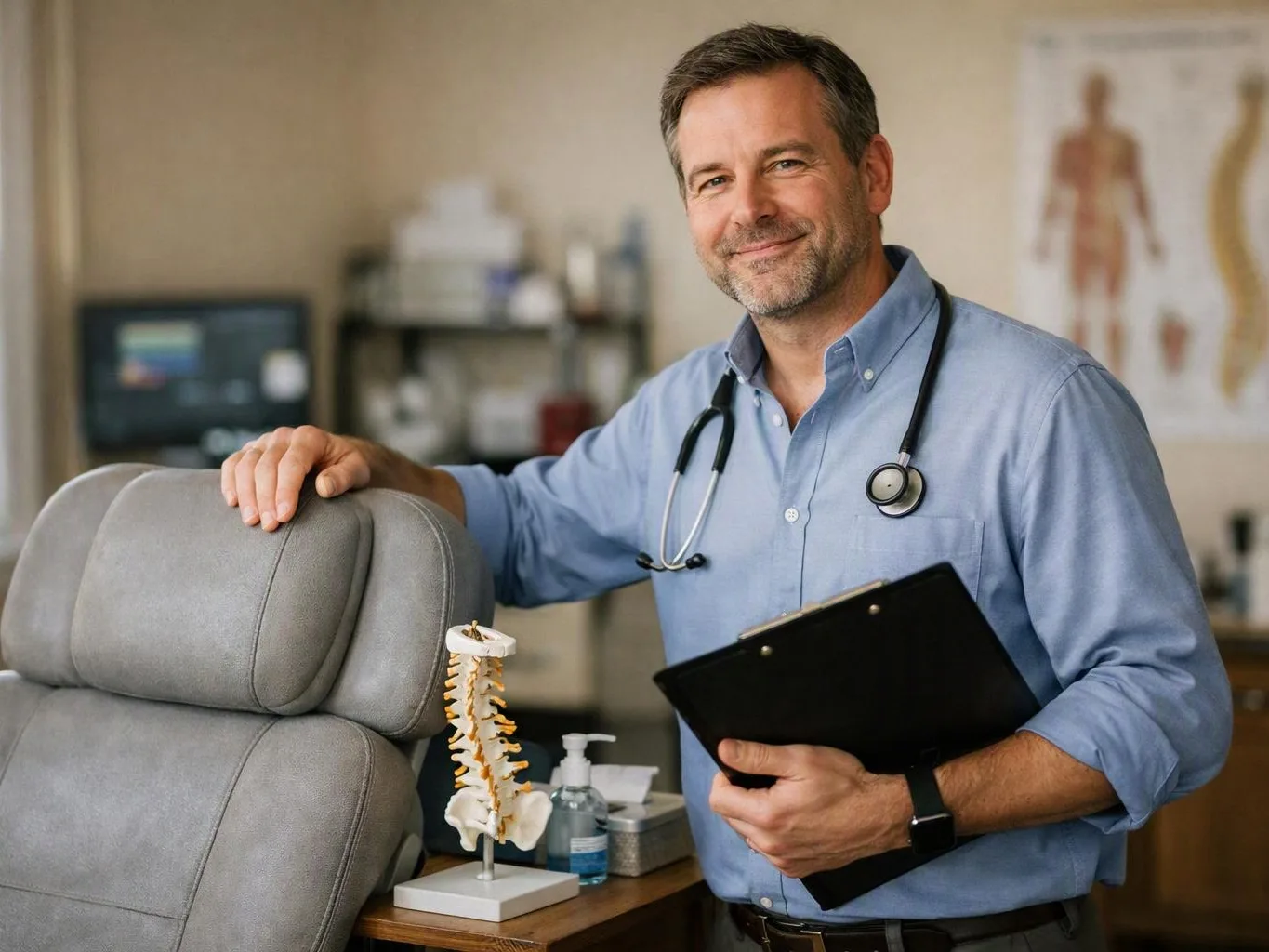 A smiling doctor stands beside an exam chair, holding a clipboard in a clinic room