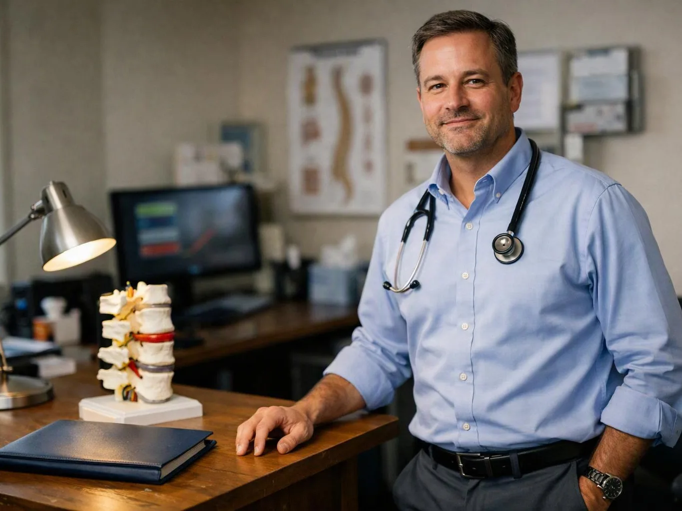 A smiling doctor stands by a desk with a spine model, lamp, and computer in an exam room