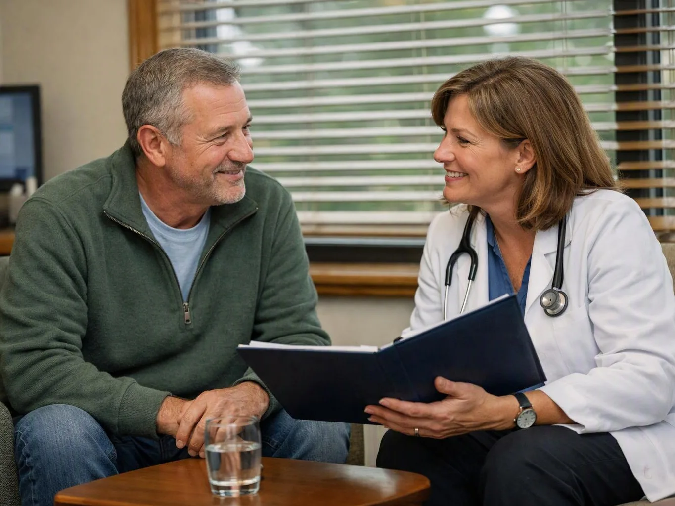 A smiling doctor with a stethoscope talks with a man in a clinic, holding an open folder