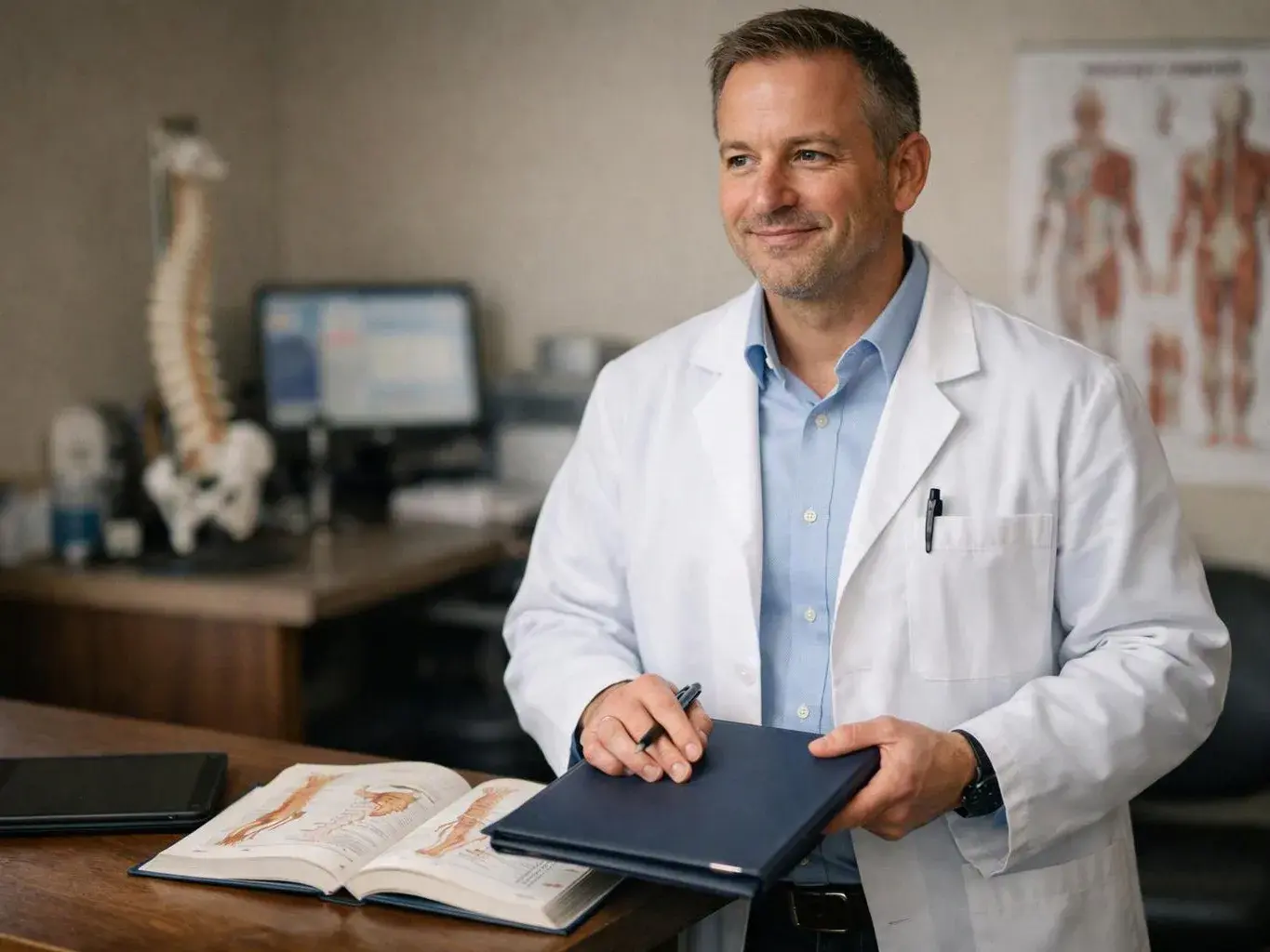 A smiling doctor in a white coat holds a folder in a medical office with anatomy charts and a spine model behind him