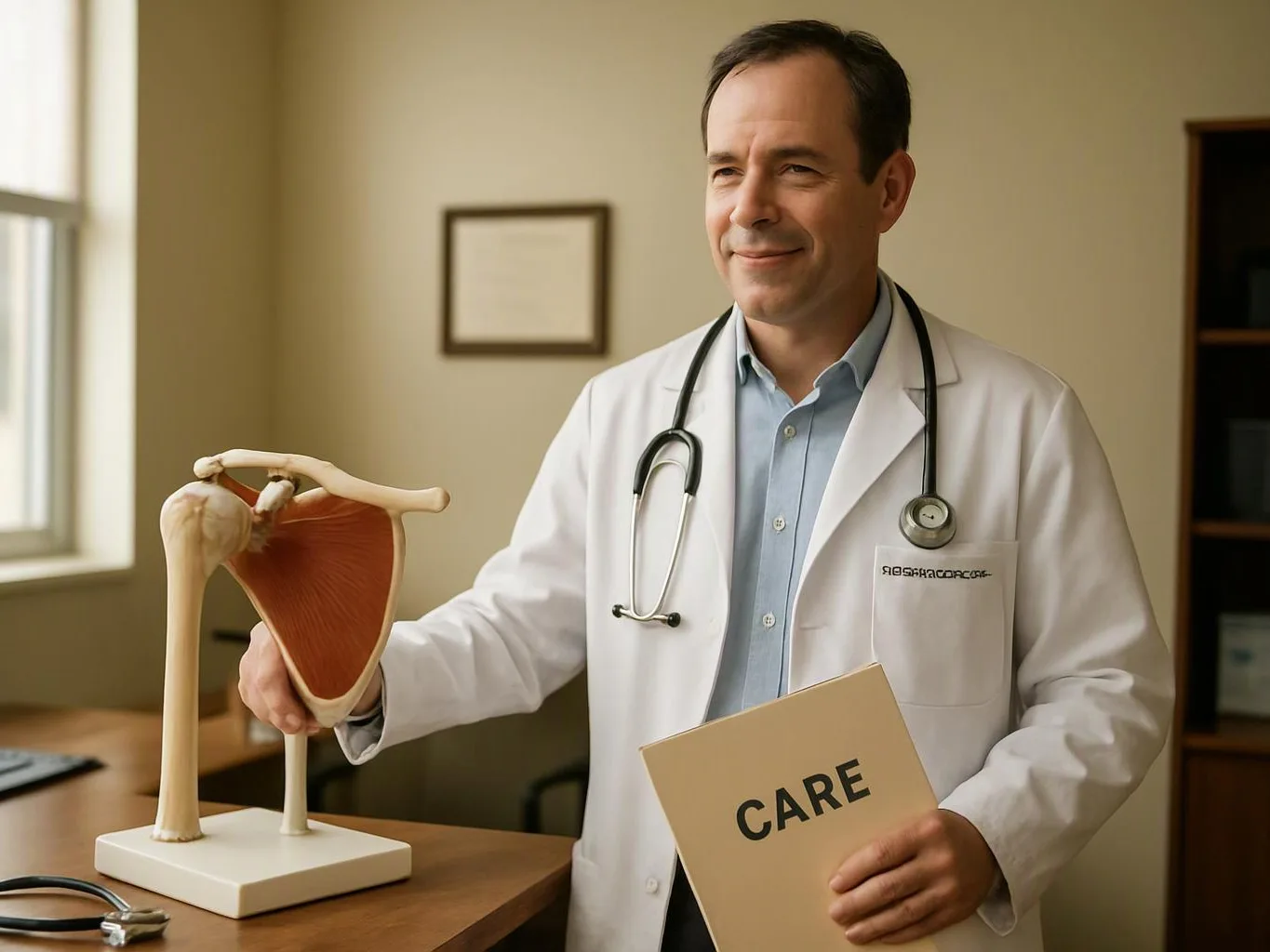 A smiling doctor in a white coat holds a shoulder model and a folder labeled "CARE" in an exam room
