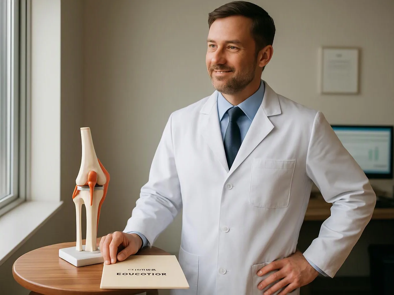 A smiling doctor in a white coat stands beside a knee joint model in a clinic office