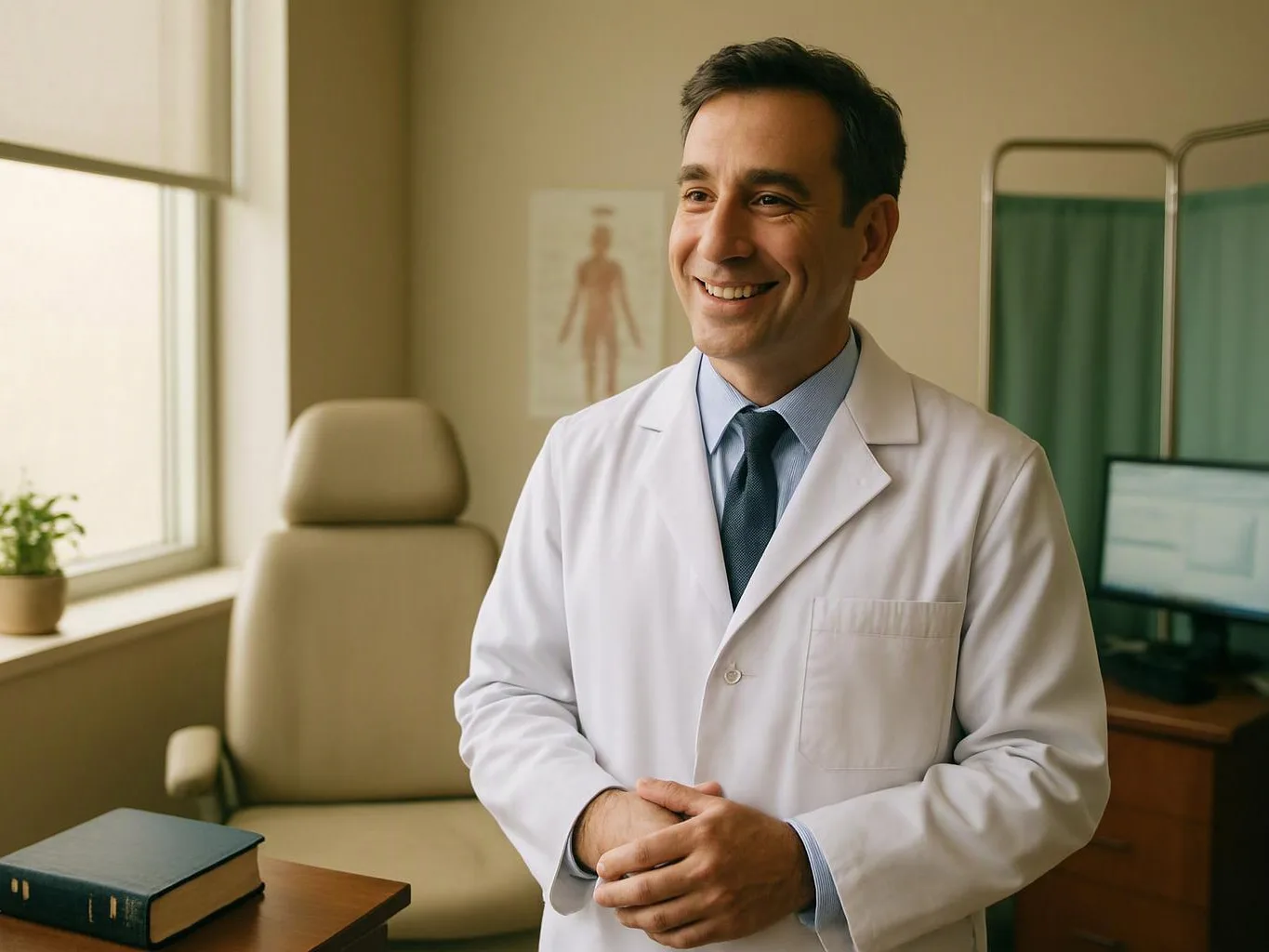 A smiling doctor in a white coat stands in a bright exam room beside a chair and desk