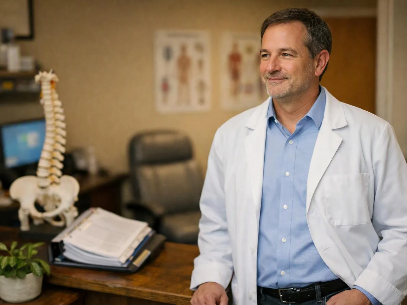A smiling doctor in a white coat stands in a medical office beside a spine model and paperwork