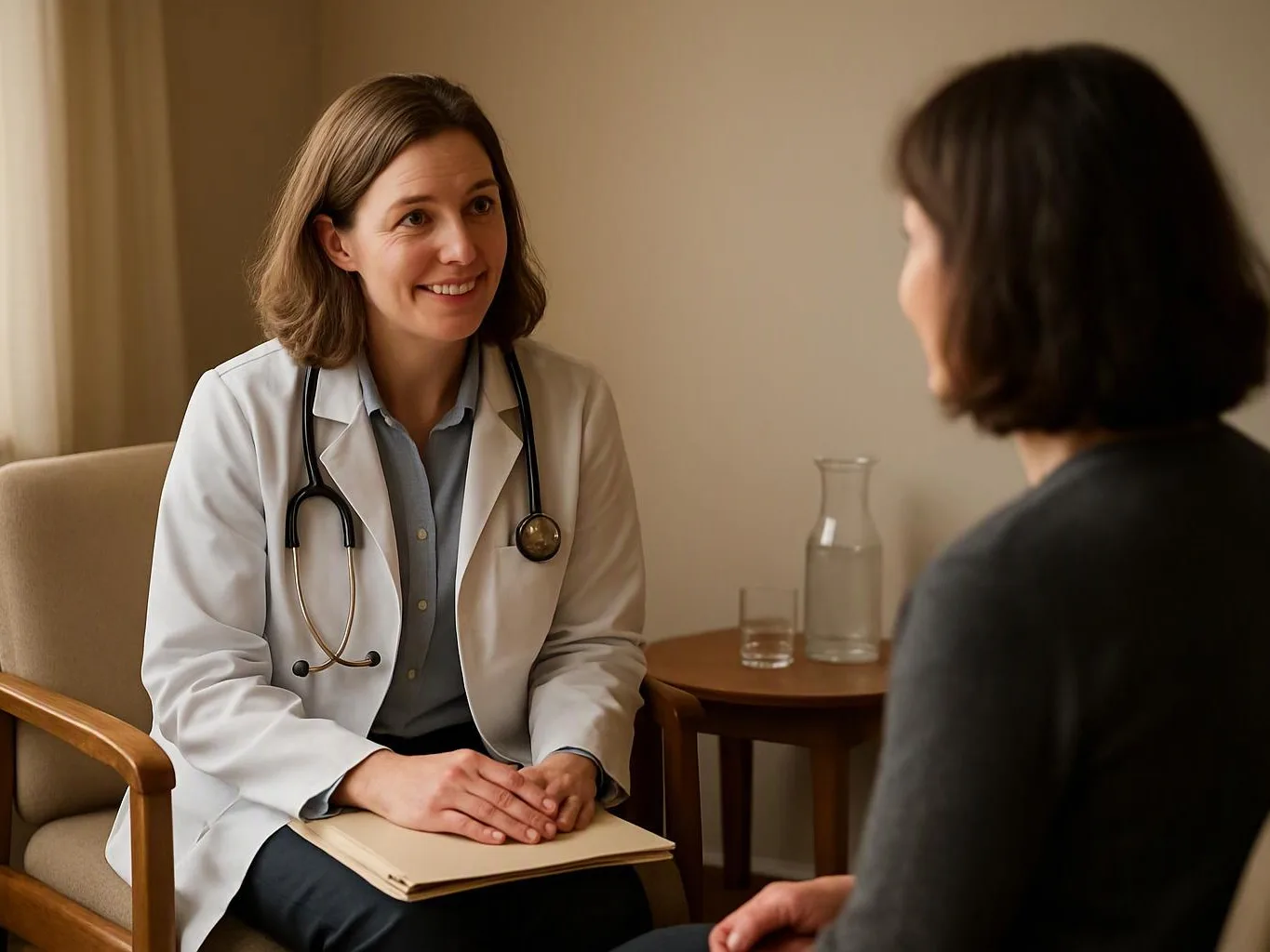 A smiling doctor in a white coat talks with a seated patient in a quiet office