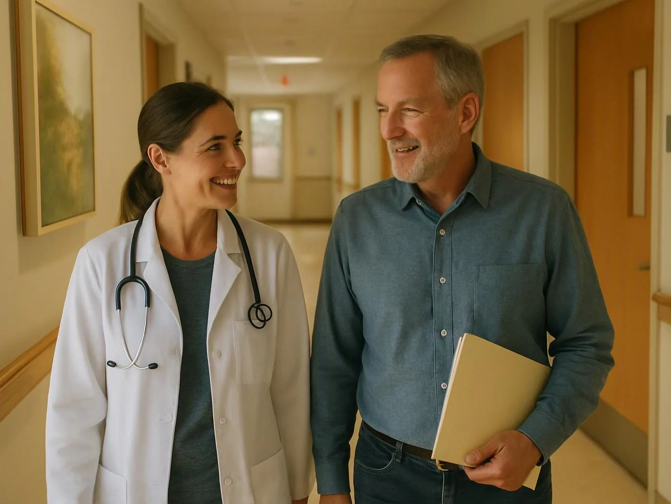 A smiling doctor in a white coat walks beside an older man holding a folder in a hospital hallway