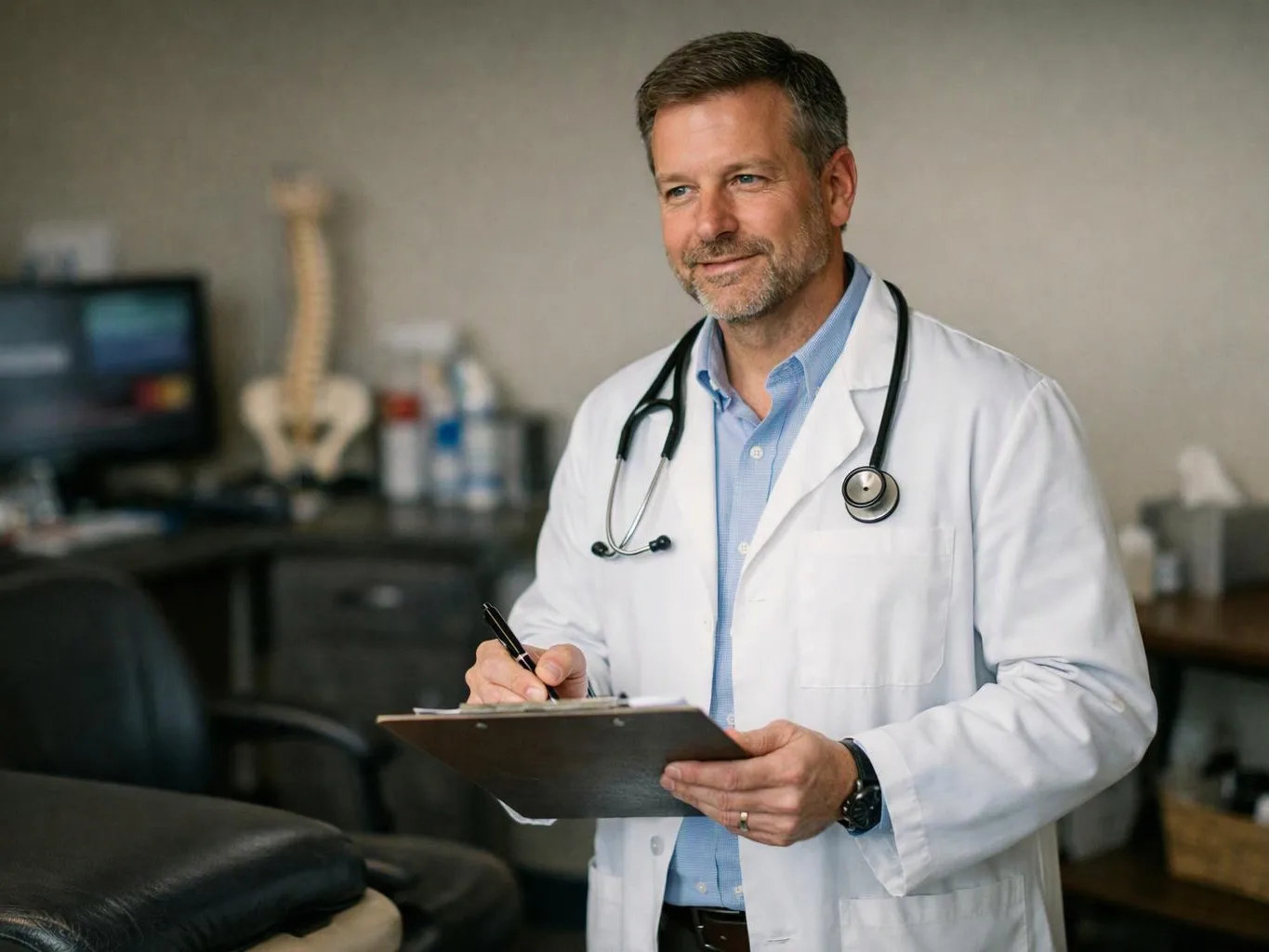 A smiling doctor in a white coat writes on a clipboard in a medical exam room