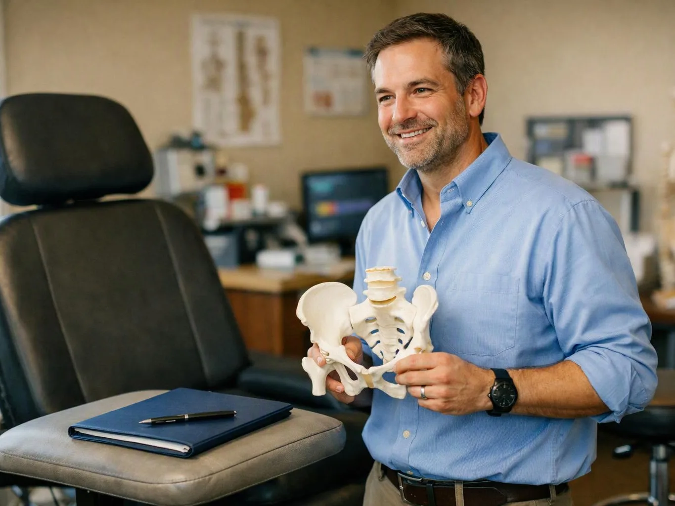 A smiling man in a blue shirt holds a pelvis model beside an exam chair in a medical office