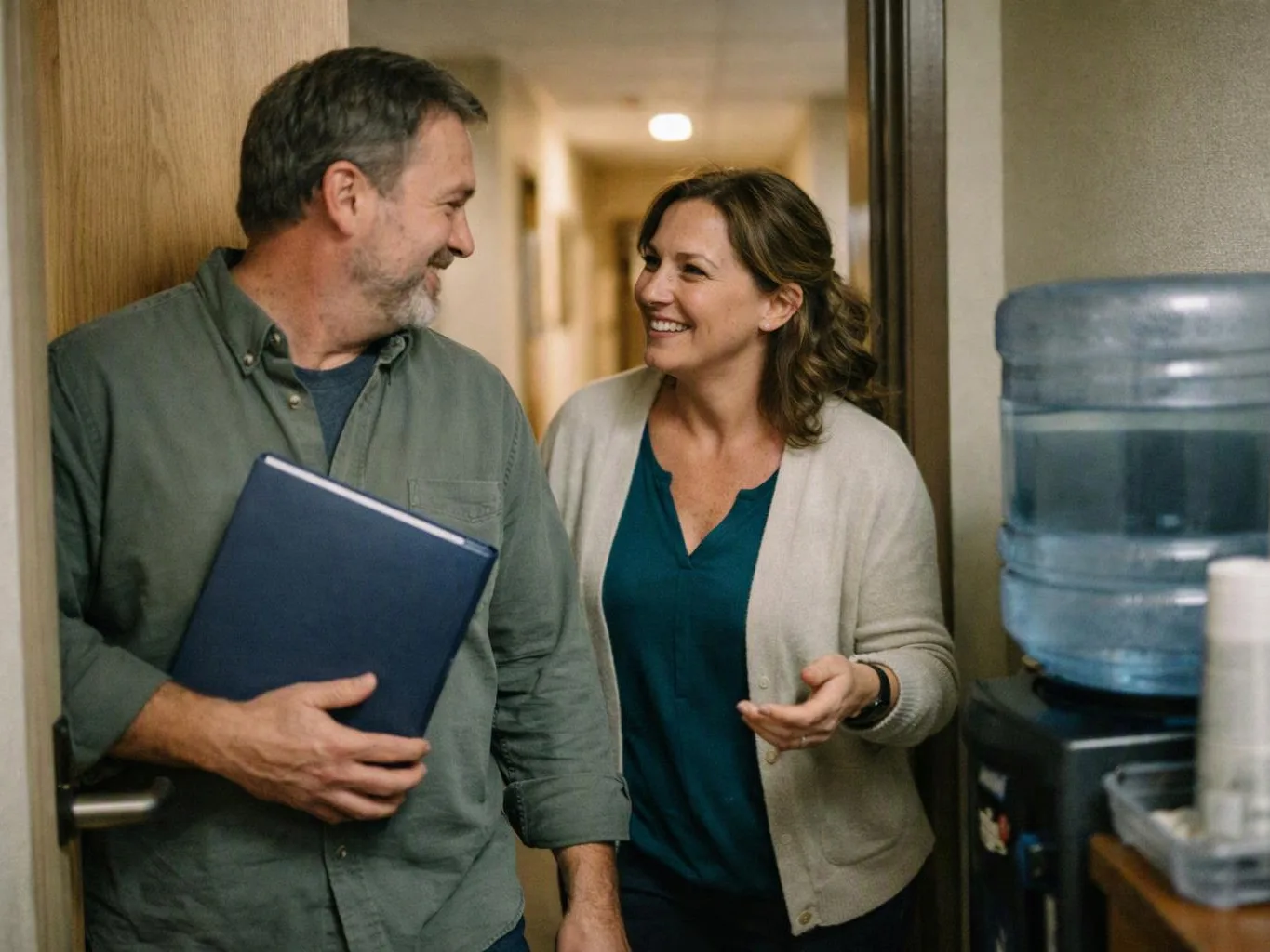 A smiling man and woman walk through a doorway in a hallway, with a water cooler beside them