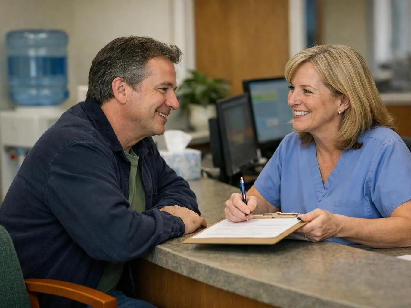 A smiling nurse in blue scrubs writes on a clipboard while speaking with a man at a reception desk