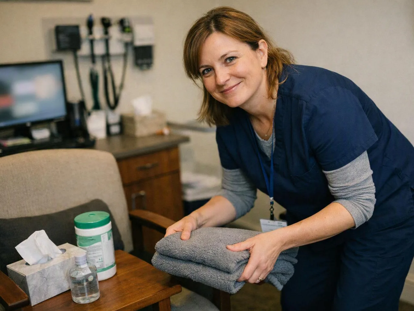 A smiling woman in navy scrubs holds folded gray towels beside a chair in a clinic room