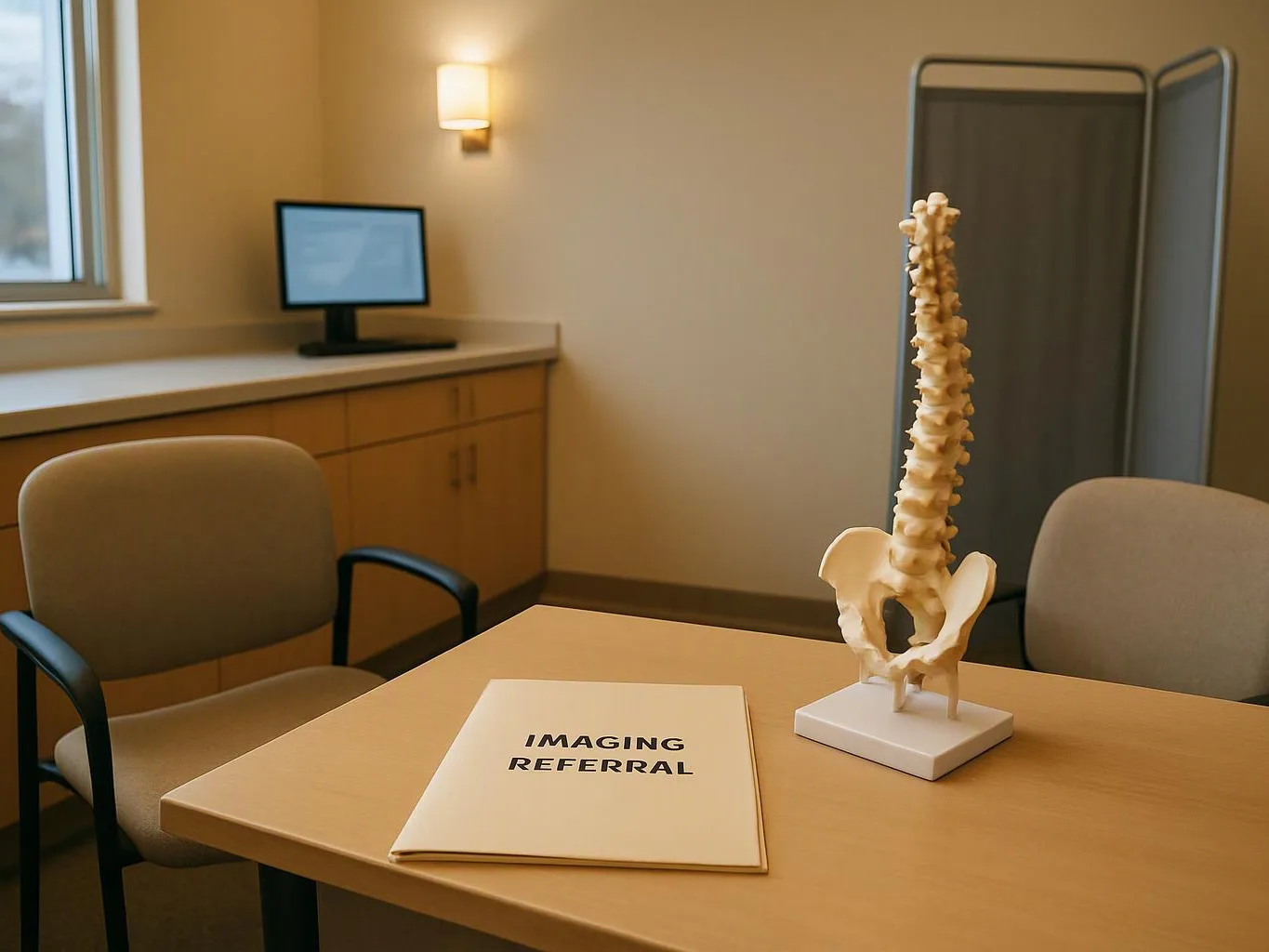 A spinal model and an imaging referral folder sit on a table in a quiet exam room