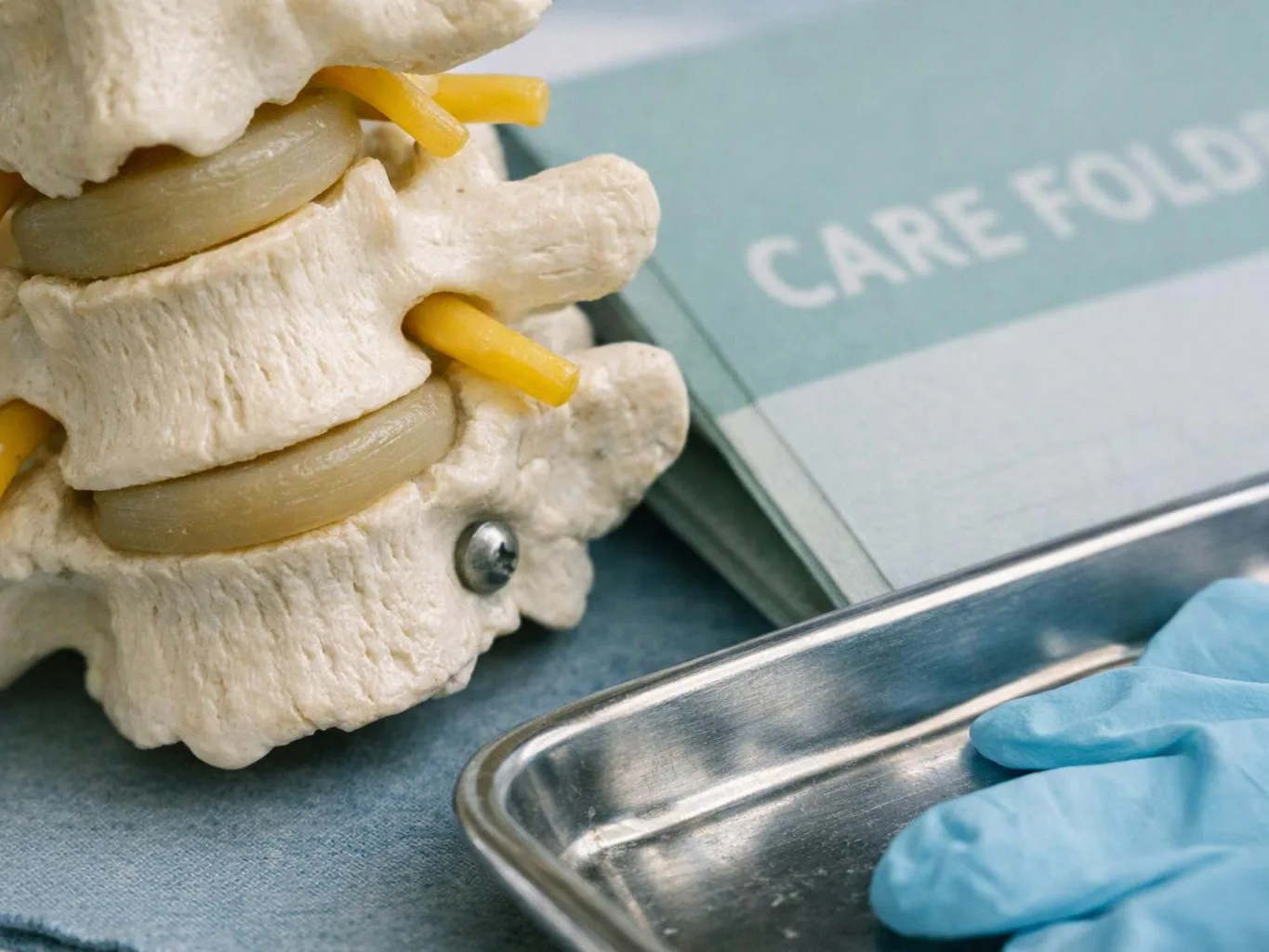 A spinal model sits beside a metal tray, a blue-gloved hand resting on it in a medical setting