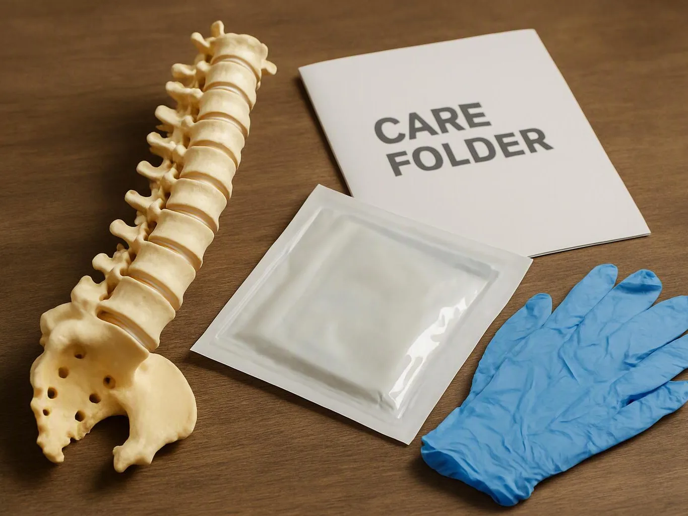 A spine model, care folder, sealed packet, and blue glove sit on a wooden table
