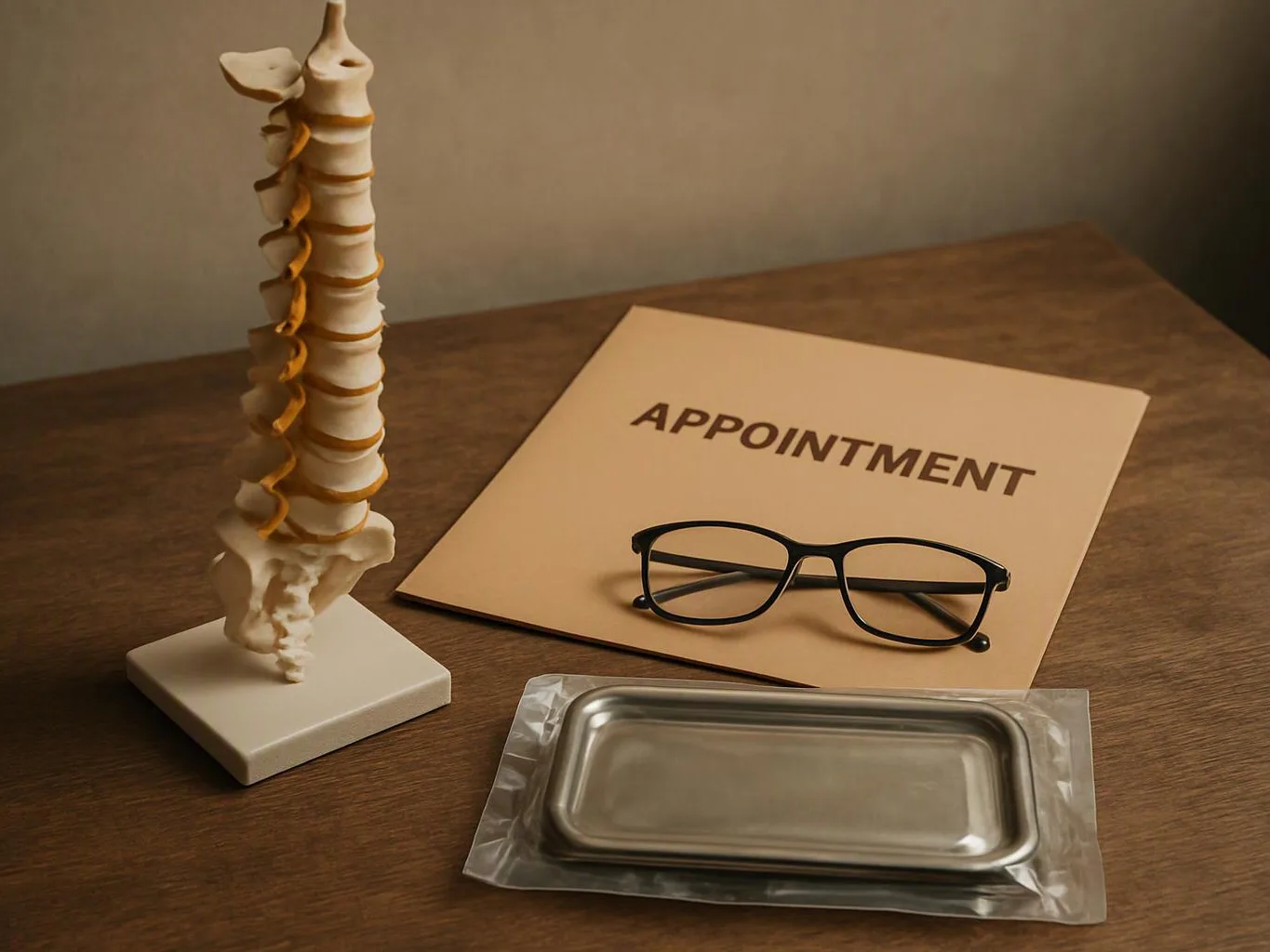 A spine model, eyeglasses, a metal tray, and an appointment folder sit on a wooden table