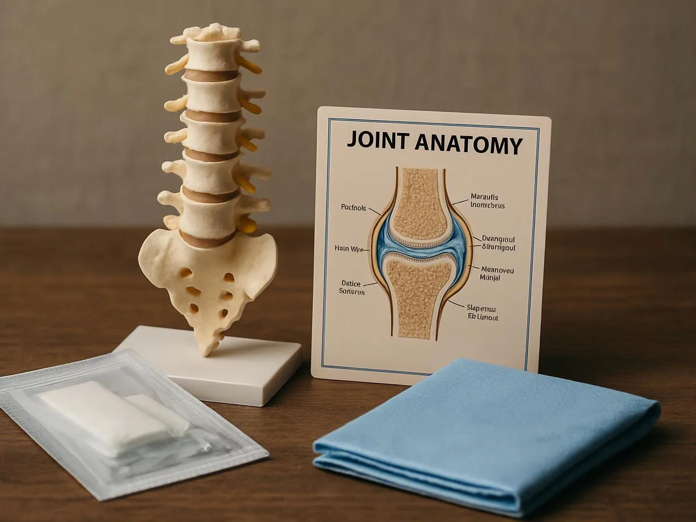 A spine model, joint anatomy card, gauze packet, and folded blue cloth sit on a wooden table