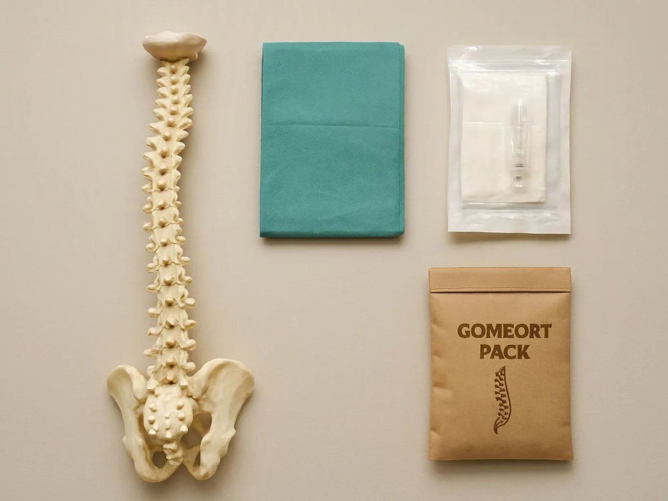 A spine model lies beside a teal cloth, a sealed medical kit, and a brown pouch on a beige surface