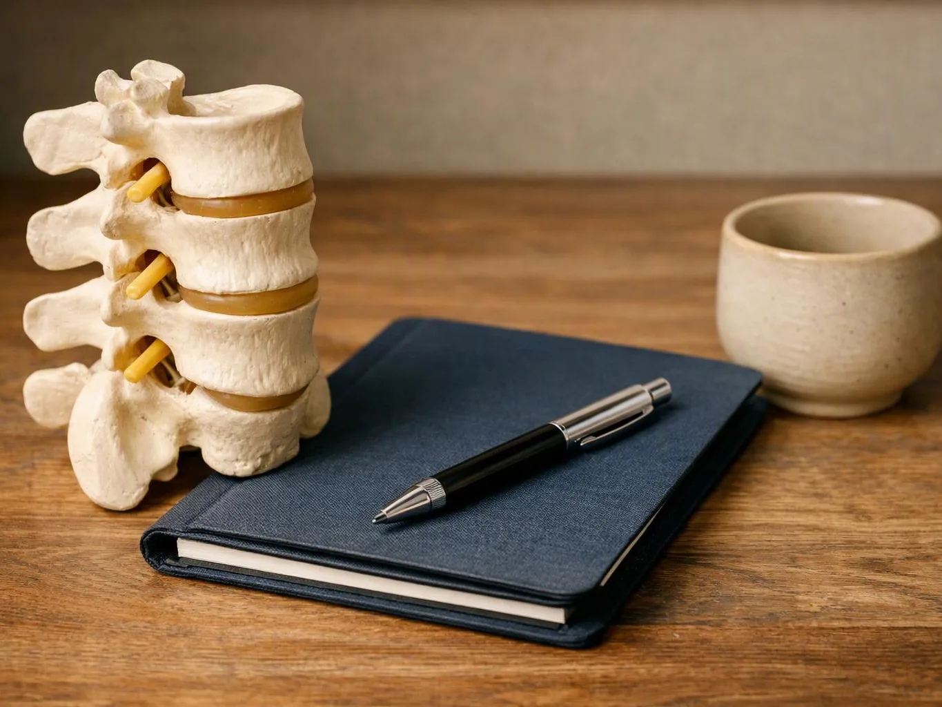 A spine model, notebook, pen, and ceramic cup sit on a wooden desk in warm light