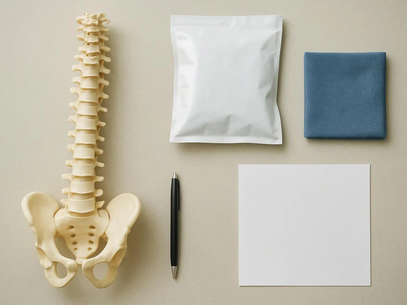 A spine model, pen, white packet, blue box, and blank paper are arranged on a beige surface