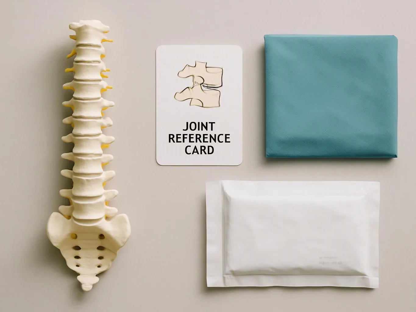 A spine model sits beside a joint reference card, a blue box, and a white padded mailer on a gray surface