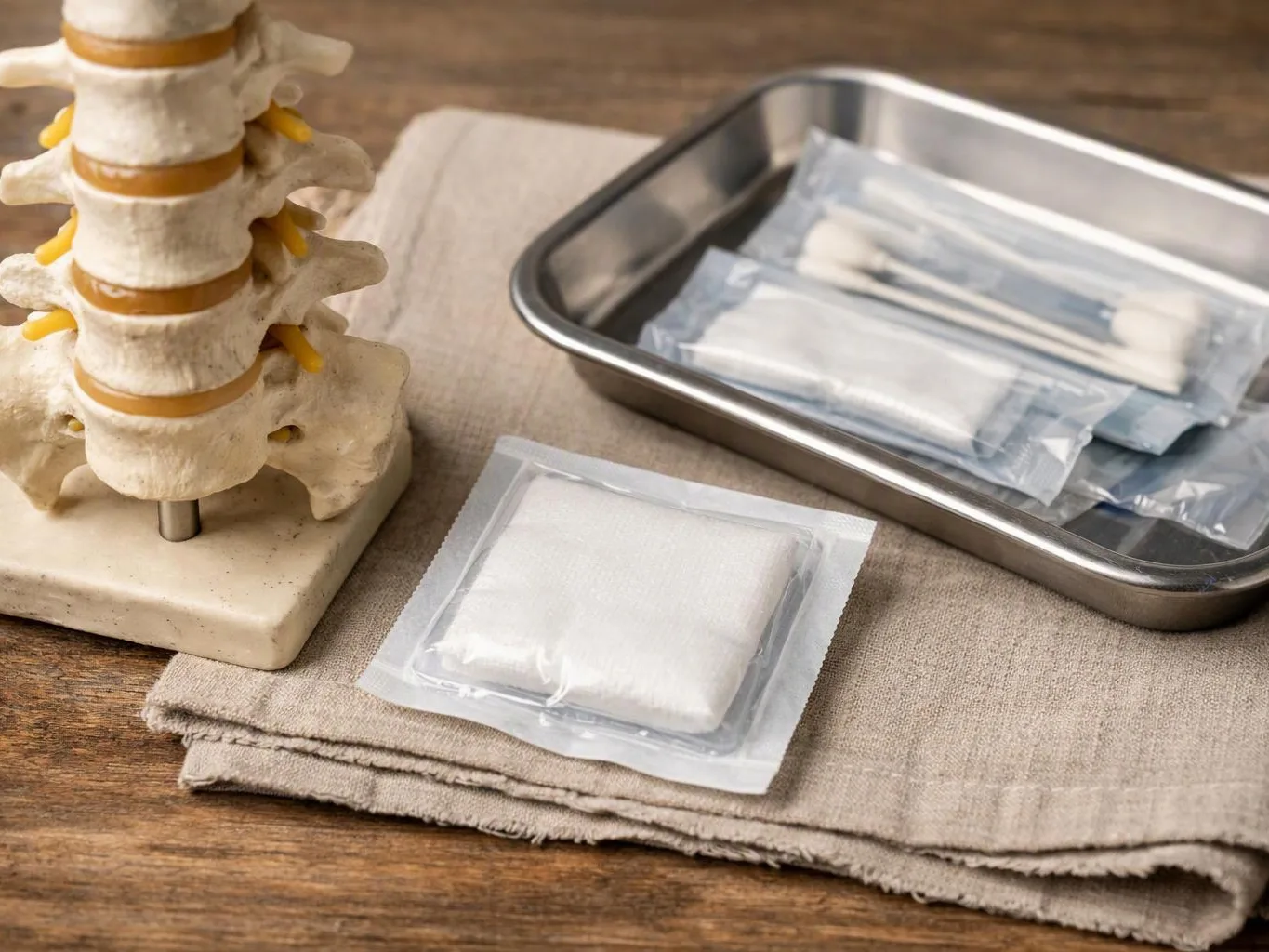 A spine model sits beside sealed medical swabs and a white pad on a cloth-covered table