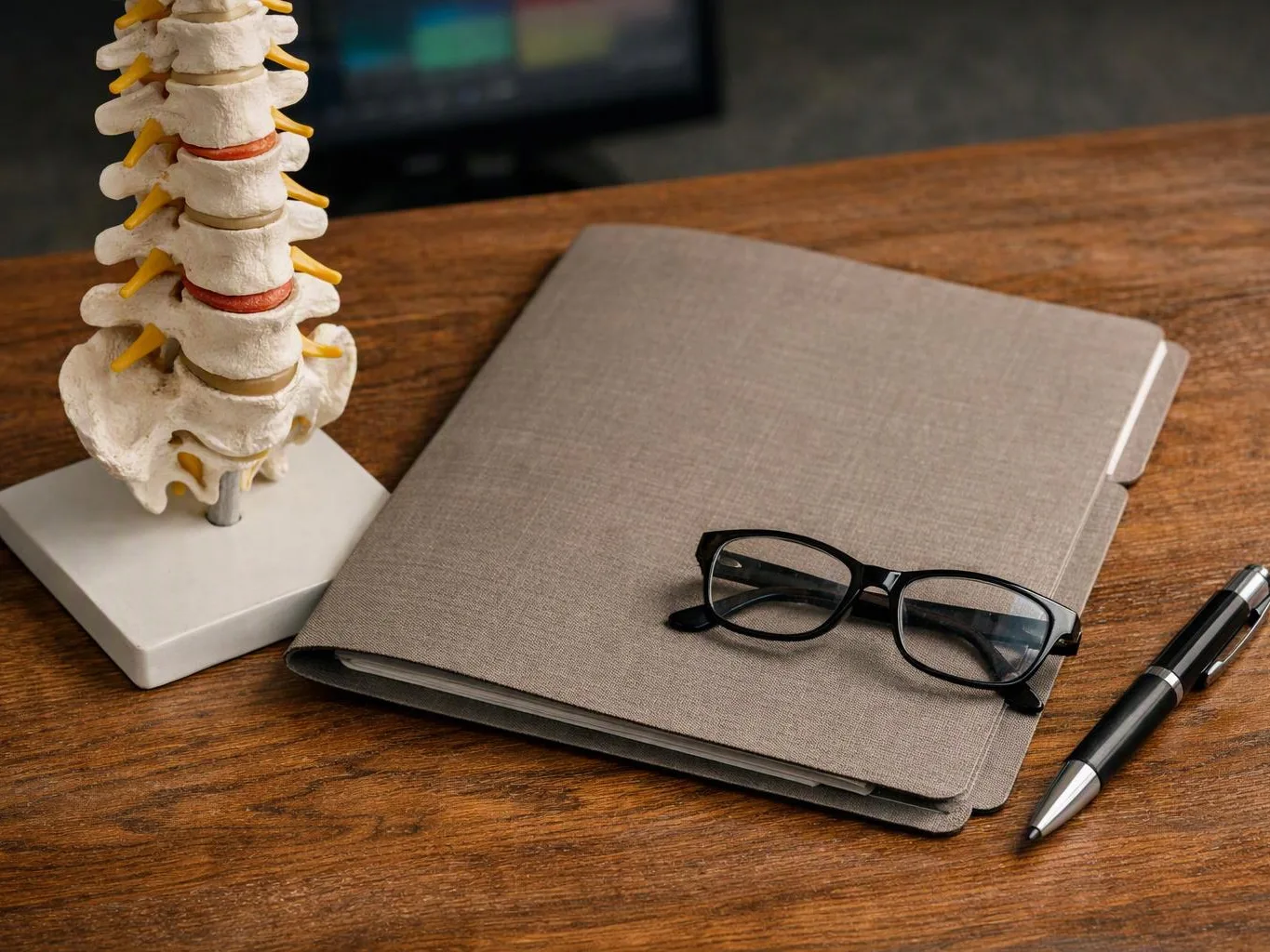 A spine model stands beside a closed notebook, glasses, and a pen on a wooden desk