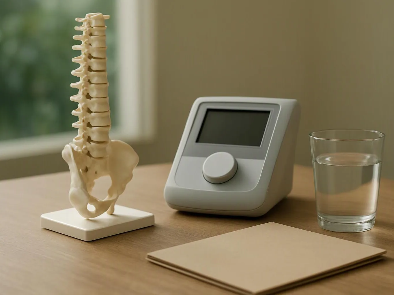 A spine model stands beside a small device, a glass of water, and a beige notepad on a wooden table