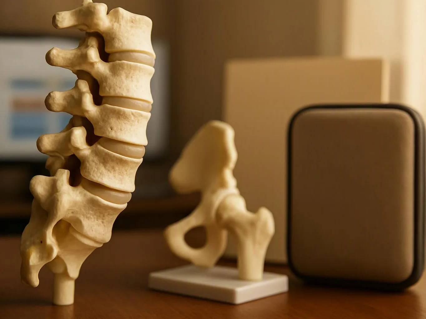 A spine model stands on a desk beside a smaller pelvis model and a closed case
