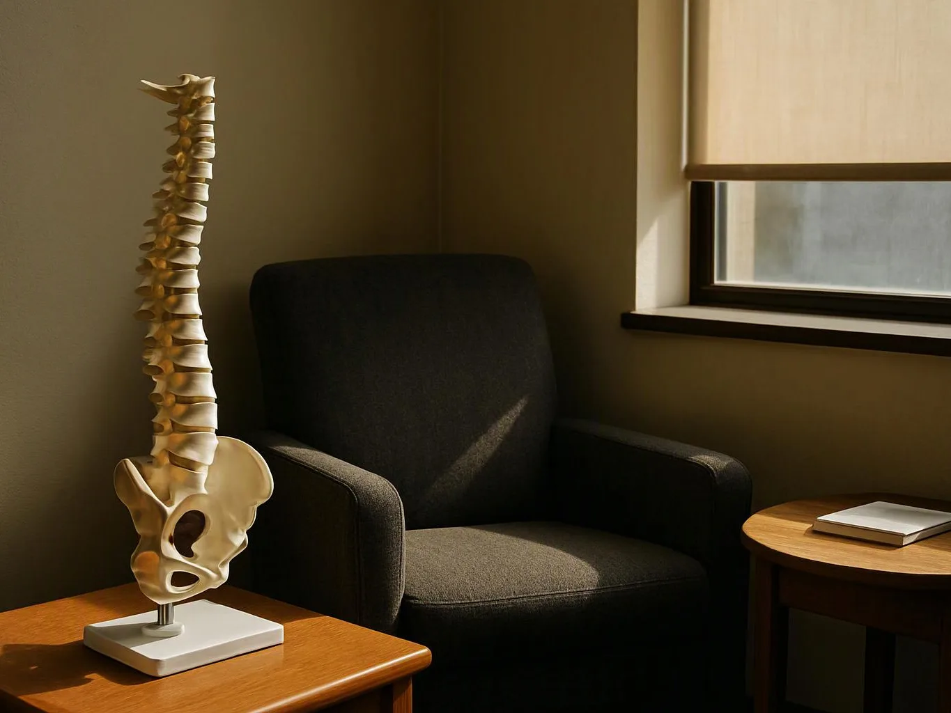 A spine model stands on a table beside a dark chair in a sunlit room by a window