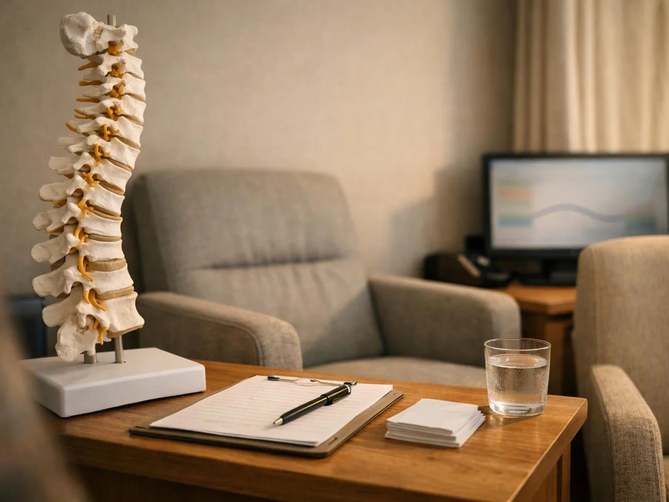 A spine model stands on a table beside a notepad, pen, water glass, and chairs in a clinic room