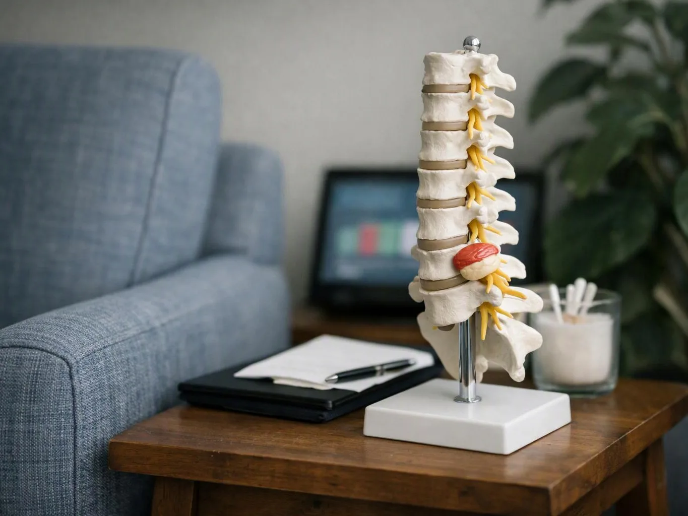 A spine model stands on a wooden table beside a notebook, pen, sofa, and blurred plant indoors