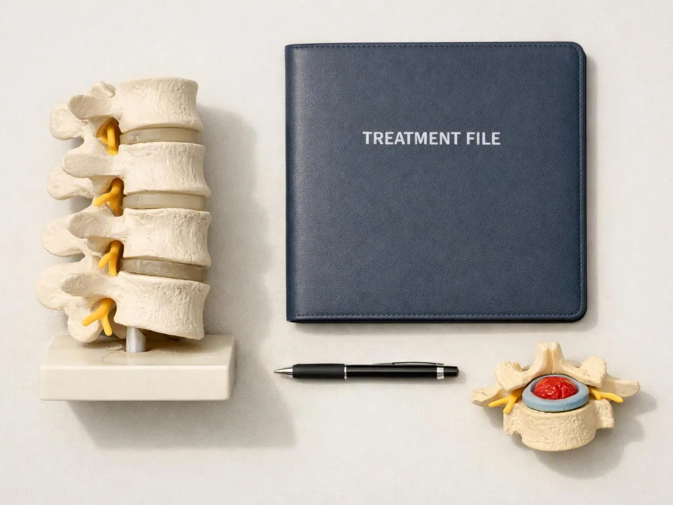 A spine model, a treatment file, a pen, and a vertebra model sit on a white surface
