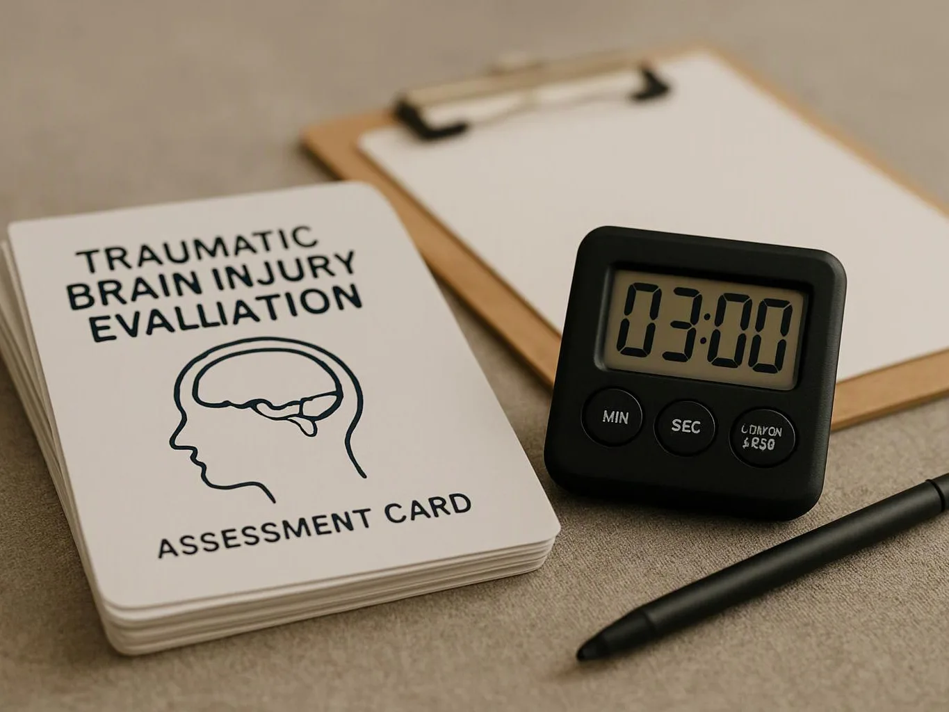 A stack of assessment cards, a digital timer, a clipboard, and a pen sit on a desk