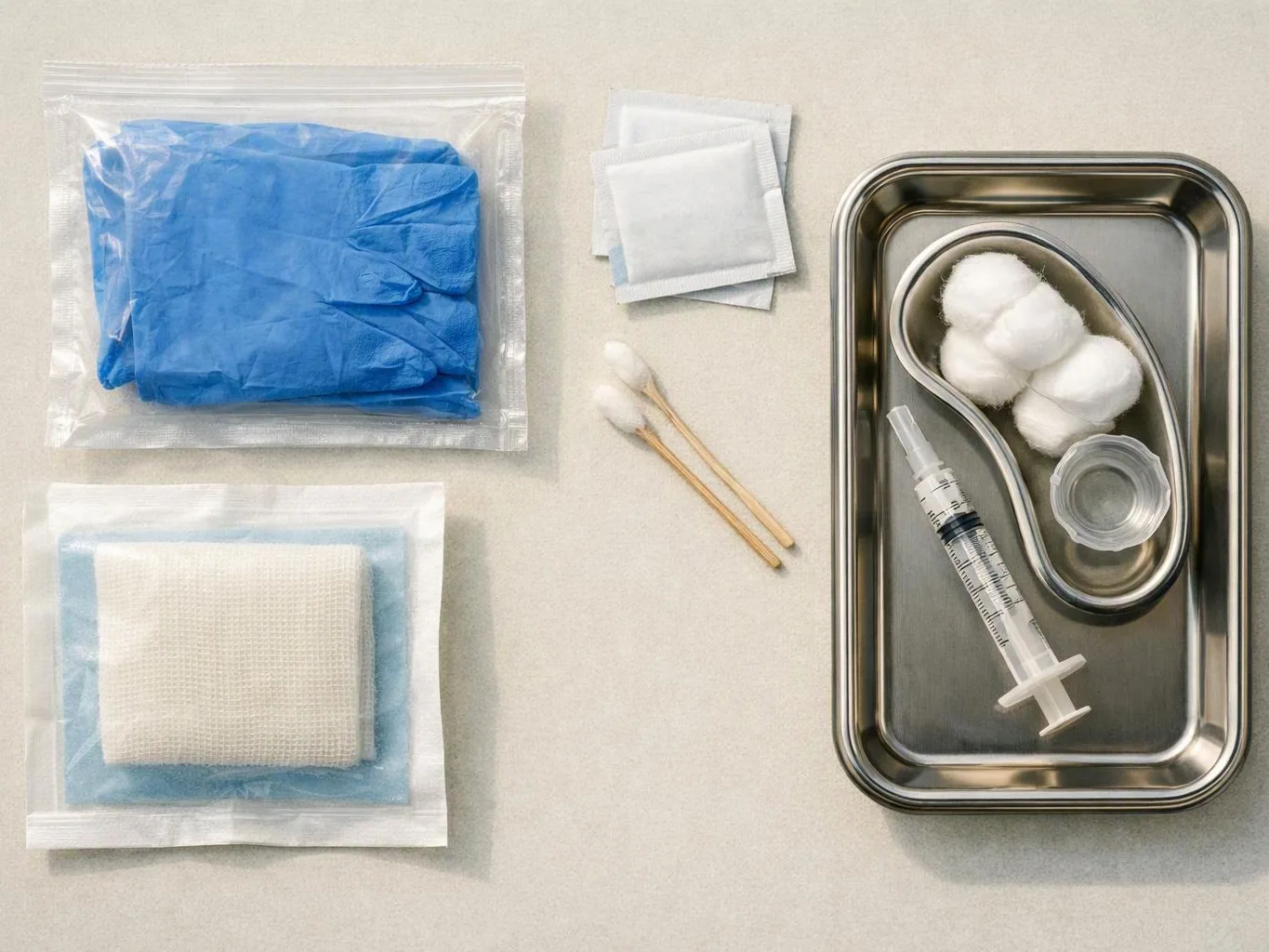 A sterile medical kit with gloves, gauze, cotton swabs, syringe, and metal trays sits on a light surface