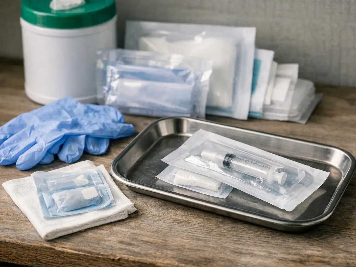 Sterile medical supplies, gloves, and a syringe sit on a metal tray on a wooden table